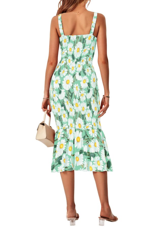 716LbljanpL.jpg Women's Summer Floral Midi Tank Dress Sleeveless Strappy Ruffle Hem Smocked Bodycon Dresses