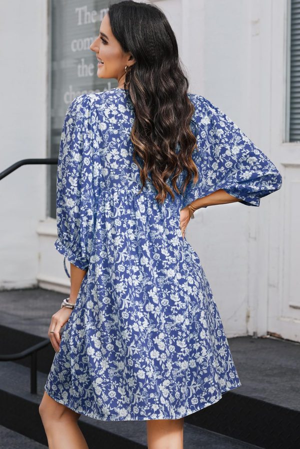 Womens Summer Dresses 2025 Boho Floral Drawstring V Neck Chiffon Lantern Sleeve Beach Vacation Mini Dress Sundress