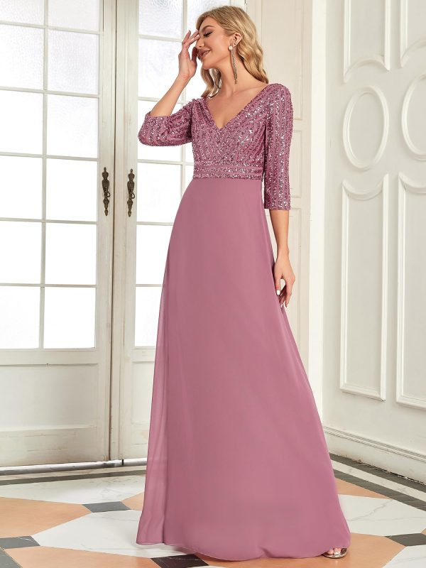 717LZYW5dOL.jpg Women's Elegant Formal Dress V-Neck Long Sleeve Sequin Maxi Chiffon Evening Dresses 00751
