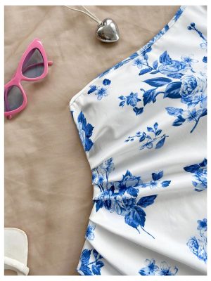 718tDb7LpGL.jpg Women's One Shoulder Boho Floral Print Sleeveless Ruched Side Bodycon Mini Short Dress