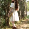 Women Square Neck Lace Dress Lace Up Waist Slim French A-LINE Dresses