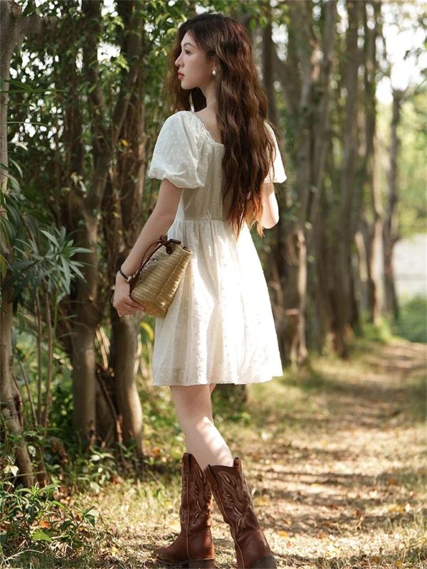 719aH3FzzuL.jpg Women Square Neck Lace Dress Lace Up Waist Slim French A-LINE Dresses