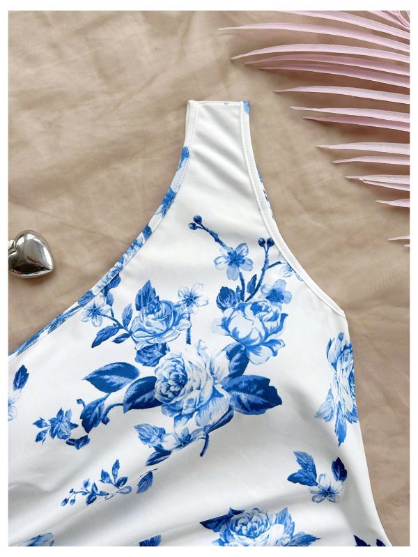 Women's One Shoulder Boho Floral Print Sleeveless Ruched Side Bodycon Mini Short Dress