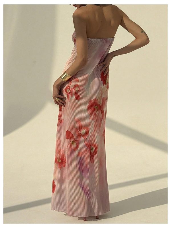 Women's Summer Floral Tube Dress Twist Front Strapless Vacation Beach Dresses Maxi Dress