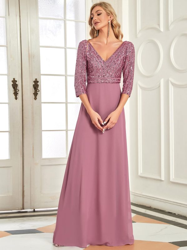 71ABfJr0byL.jpg Women's Elegant Formal Dress V-Neck Long Sleeve Sequin Maxi Chiffon Evening Dresses 00751