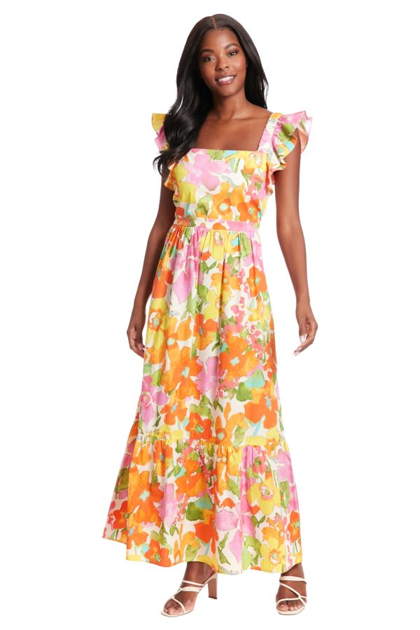 Women's Elastic Ruffle Sleeve Square Neck Maxi Dress Easy Summer Fun Vacation