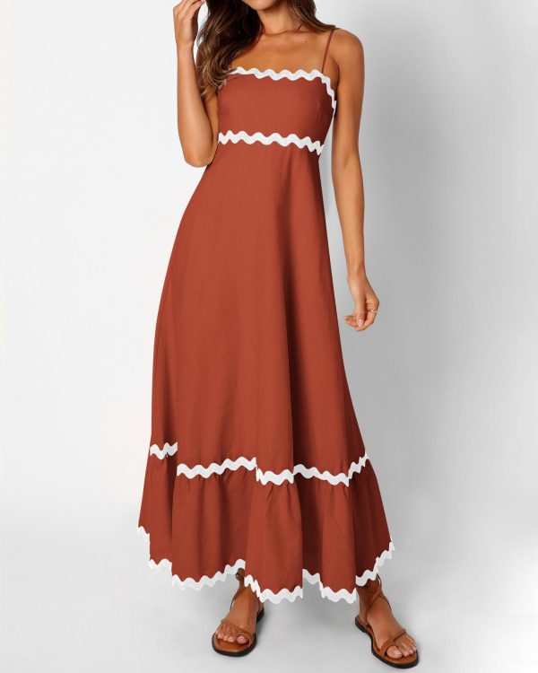 71BbnolVnRL.jpg Women Summer Dresses 2025 Spaghetti Straps Sleeveless Smocked Rickrack Trim Boho Flowy Loose A-Line Midi Dress