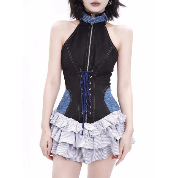 Women’s O-Neck Lace-Up Slim Dress - Sleeveless Patchwork Summer Party Outfit