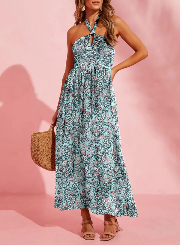 71C7Q36ma-L.jpg Women's Summer Dresses Halter Neck Sleeveless Backless Flowy A Line Boho Maxi Dress
