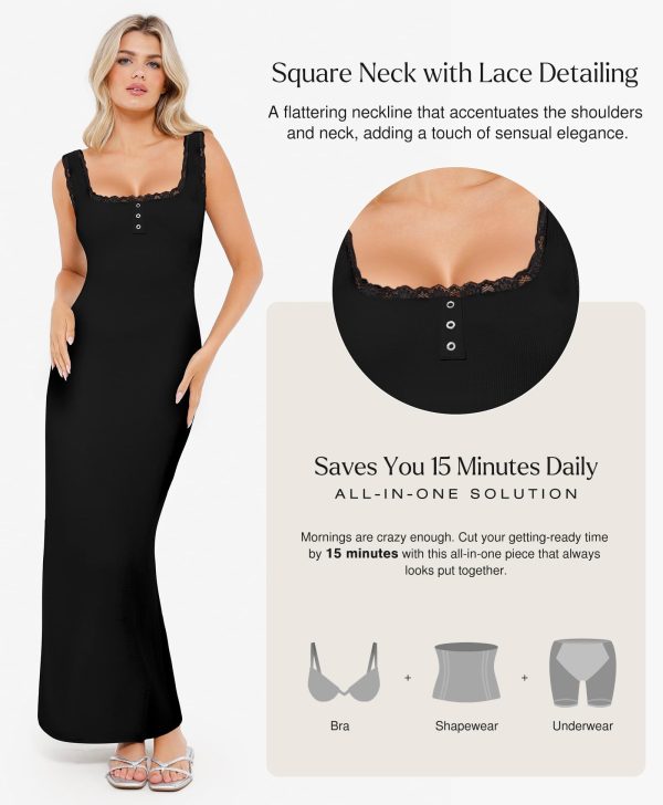 71CF4taUeiL.jpg Shapewear Tank Dress Summer Maxi Dress Built-in Bra Square Neck Lace Trim Going Out Vacation Dresses for Women
