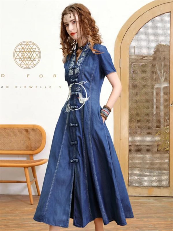 71CWiSxNALL.jpg Women Summer Vintage Single Breasted A-Line Denim Dress V-Neck Embroidery Split Joint Dresses