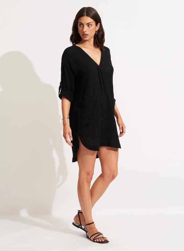Women's V Neck Cover Up Dress with Roll Sleeves