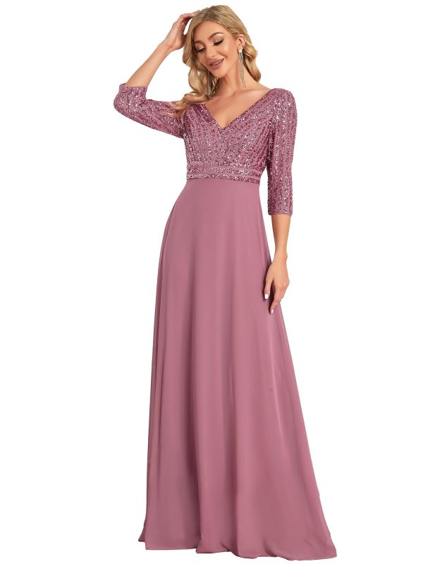 71DnjdKYliL.jpg Women's Elegant Formal Dress V-Neck Long Sleeve Sequin Maxi Chiffon Evening Dresses 00751