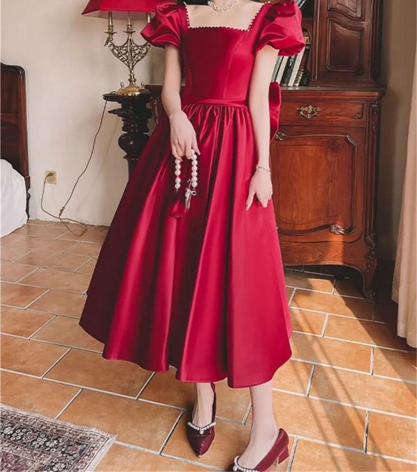 71DwAxgmhzL.jpg Women’S Beaded Bow Accent Midi Dress - Square Neck Satin for Spring Weddings & Parties
