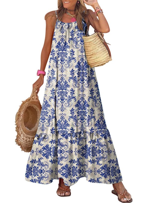 71E9Jden6L.jpg Women Summer Dresses 2025 Spaghetti Strap Scoop Neck Smocked Ruffle Flowy Boho Maxi Dress
