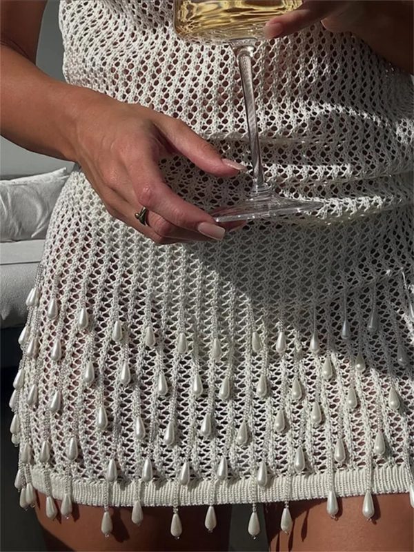 71F94ApZ2aL.jpg Women Sexy Backless Pearl Tassel Mini Dress Street Knitted Hollow Out Lace Up Slim Short Dresses Beach Party