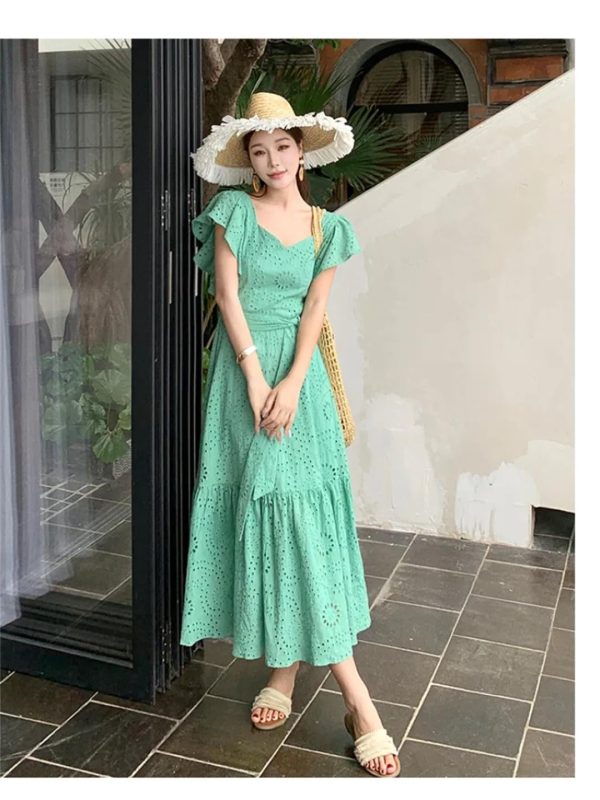 Women's Summer Hollow Out Embroidery Flower Dress Sexy V Neck Flying Sleeve Vacation Long Dress