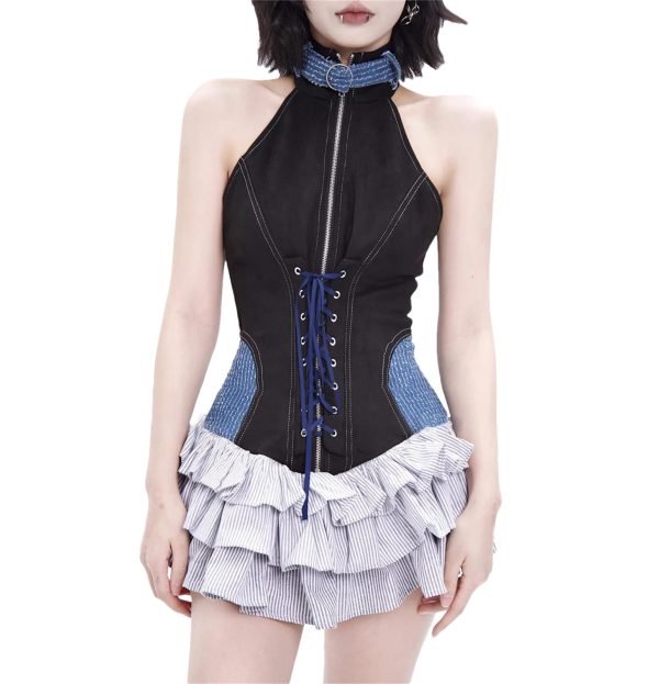 Women’s O-Neck Lace-Up Slim Dress - Sleeveless Patchwork Summer Party Outfit