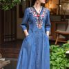 Women V-Neck Embroidery Flower Pockets Single Breasted Cardigan A-Line Vintage Slim Blue Denim Dress
