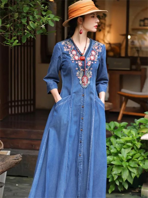 Women V-Neck Embroidery Flower Pockets Single Breasted Cardigan A-Line Vintage Slim Blue Denim Dress