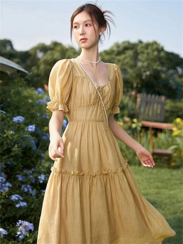 71GjUYoWsNL.jpg Women's Solid Dress A-Line Lace-Up V-Neck Flare Sleeve Elegant Office Ruffle Dress