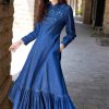 Women Stand Collar Embroidery Split Joint Ruffles A-Line Vintage Slim Embroidery Long Sleeve Denim Dress