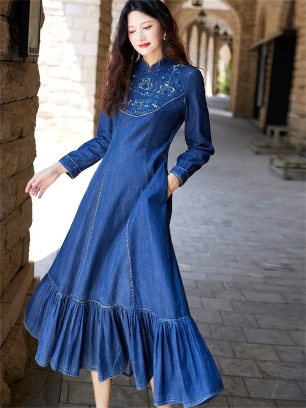 Women Stand Collar Embroidery Split Joint Ruffles A-Line Vintage Slim Embroidery Long Sleeve Denim Dress