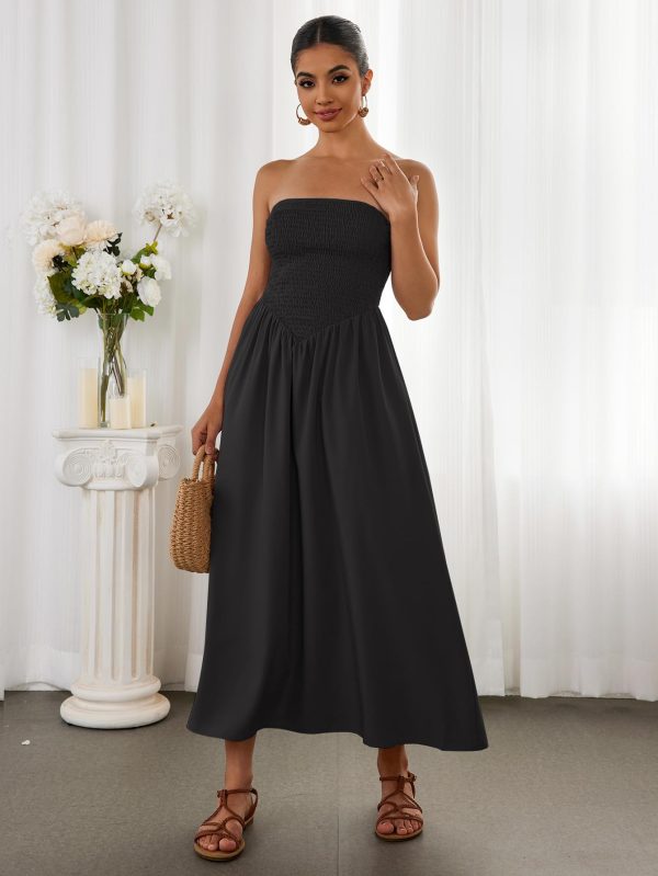 Women's Summer Strapless Midi Sundress Tube Off Shoulder Ruffle Flowy A Line Long Beach Vacation Dresses