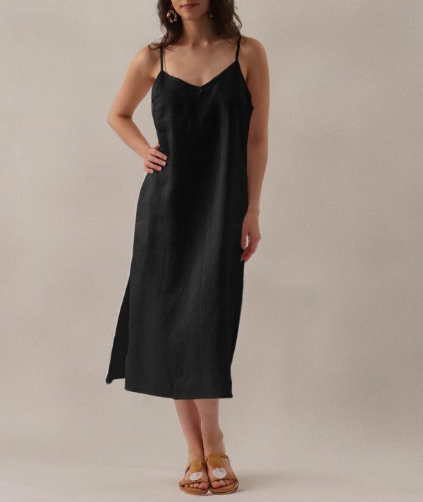71H7vG8j1aL.jpg Womens Pure Linen Summer V Neck Midi Spaghetti Strap Slip Dress with Pockets