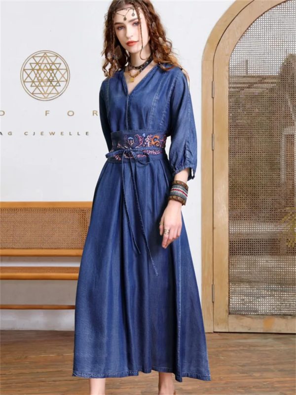 71HWiI5n1mL.jpg Women Vintage Blue A-Line High Waisted Retro Dresses Three Sleeve Belt Embroidery Denim Dress