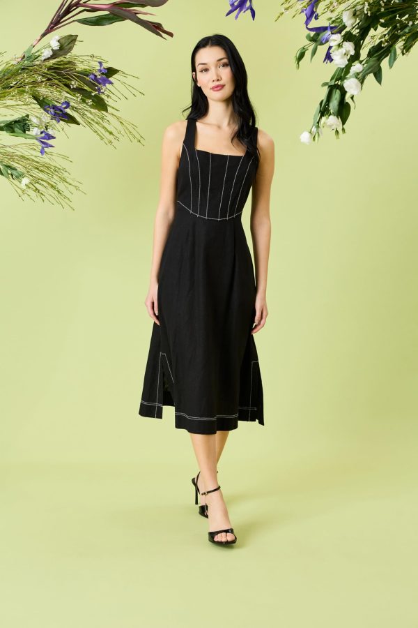 Women's Square Neck Midi Linen Rayon A-line Sleeveless Tailored Summer Wedding Guest Cocktail Dress