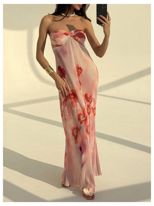 Women's Summer Floral Tube Dress Twist Front Strapless Vacation Beach Dresses Maxi Dress