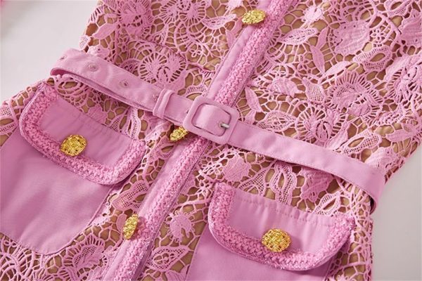 Women Vintage Pink Lace Square Neck Gold Button Lace Hollow Out Fragrance Dress