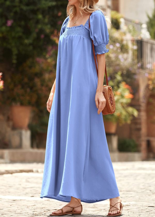 Women 2025 Summer Maxi Dress Casual Loose Puff Sleeve Square Neck Maternity Flowy Long Beach Dresses with Pockets