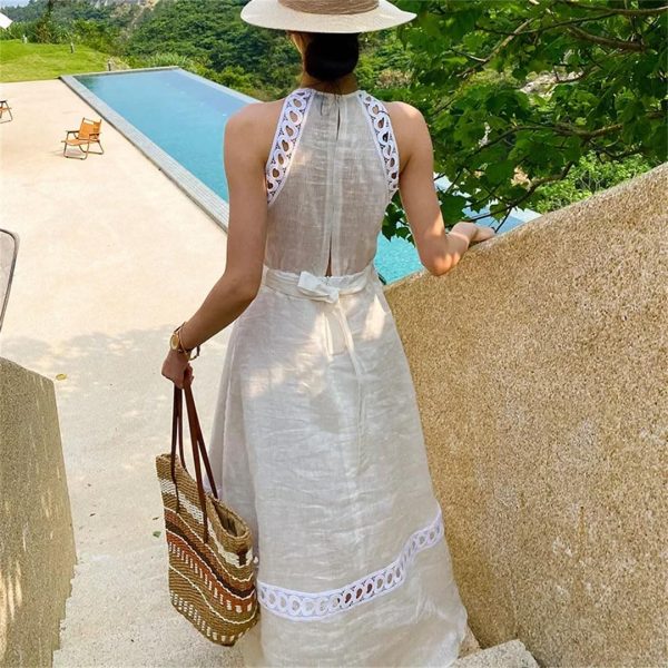 71KyQ2hCUNL.jpg Women Elegant Maxi Halter Hollow Out Sleeveless Vocation Casual Ladies Beach Dresses