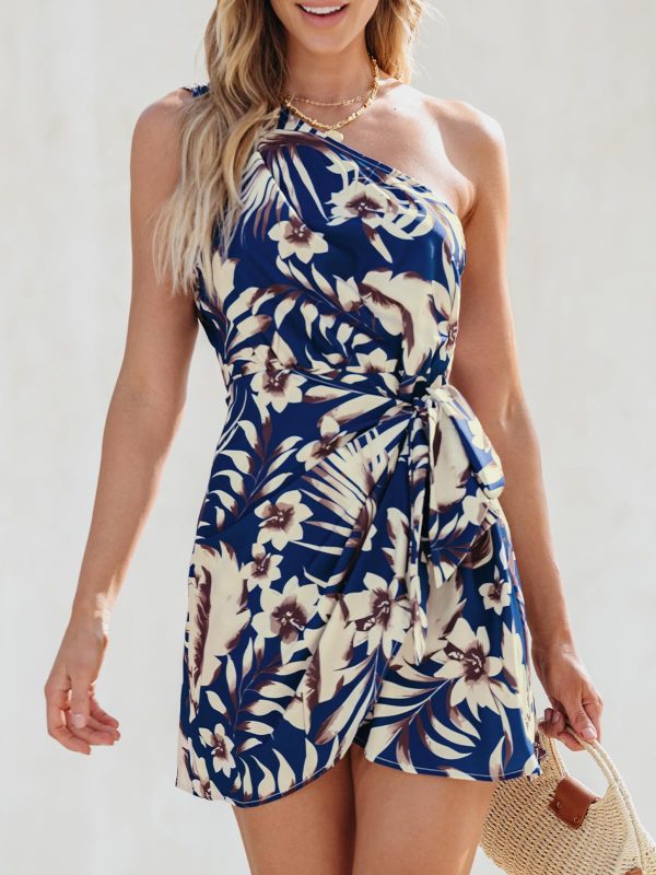 71KyscKvrDL.jpg Women's One Shoulder Leaf Print Self-tie Short Dress Sleeveless Tiered Hem Formal Dress Casual Mini Dress