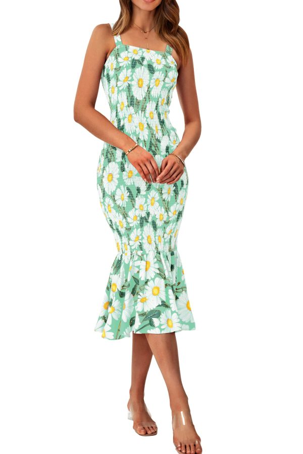 71L8y-q5hNL.jpg Women's Summer Floral Midi Tank Dress Sleeveless Strappy Ruffle Hem Smocked Bodycon Dresses