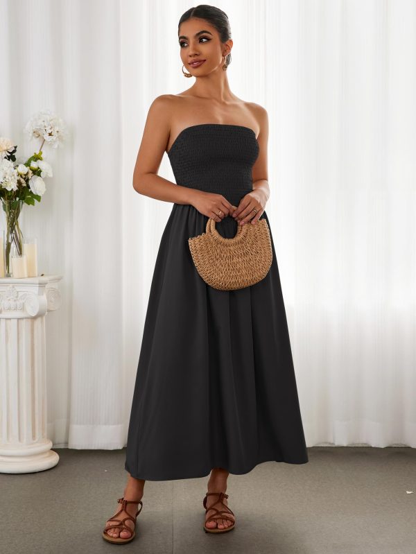 Women's Summer Strapless Midi Sundress Tube Off Shoulder Ruffle Flowy A Line Long Beach Vacation Dresses