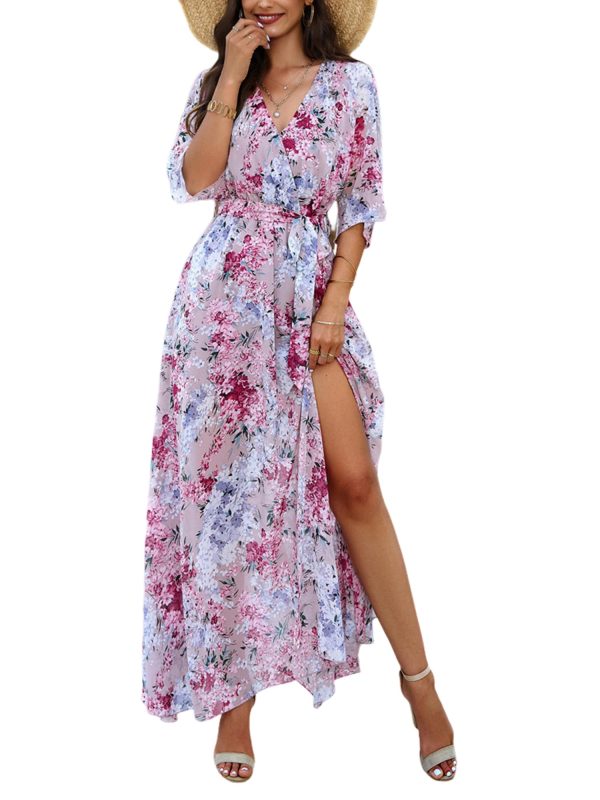 Womens Half Sleeve Wrap V Neck Chiffon Floral Casual Maxi Dress Spring Summer Wedding Guest Dresses for Women 2025