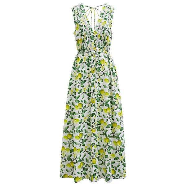 71MtCK2dPvL.jpg Women V Neck Sleeveless Cotton Midi Dress Lemon Printed Button Beach Vacation Summer Long Dress with Side Pockets