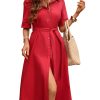 Women's Linen Button Down Shirt Dress Collared Short Sleeve Midi Belt Dresses with Pockets
