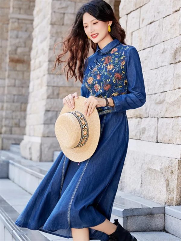 71Nd6dxy81L.jpg Women A-Line Denim Dress Embroidery Floral Vintage Midi Dress Long Sleeve Slim Joint Jeans Dress