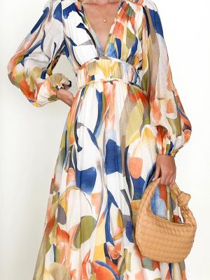 71OS-uv7niL.jpg Women's Long Sleeve Boho Floral Maxi Dress Smocked Beach Flowy Dress