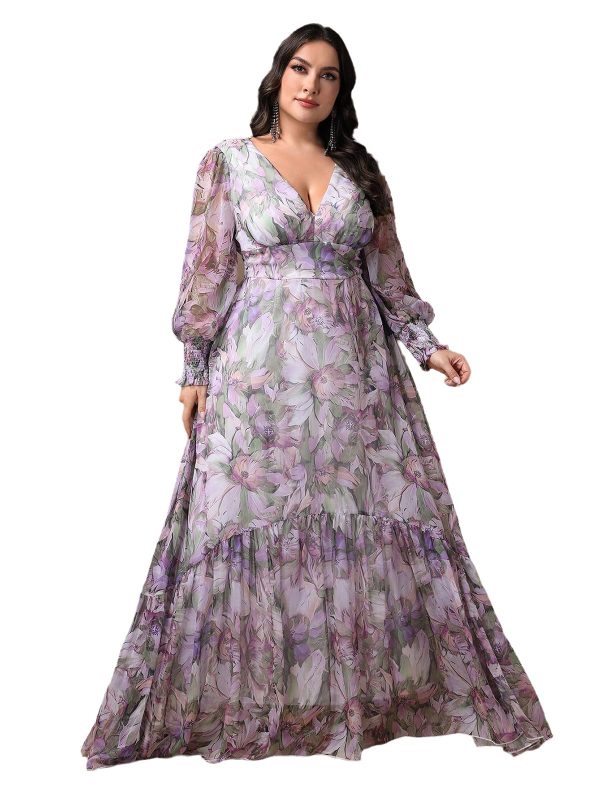 71ObgUNpVL.jpg Spring Summer 2024 Plus Size Womens Dresses V Neck Casual Elegant Ruffle Sleeve Floral Print Layer Hem Long Maxi Dress