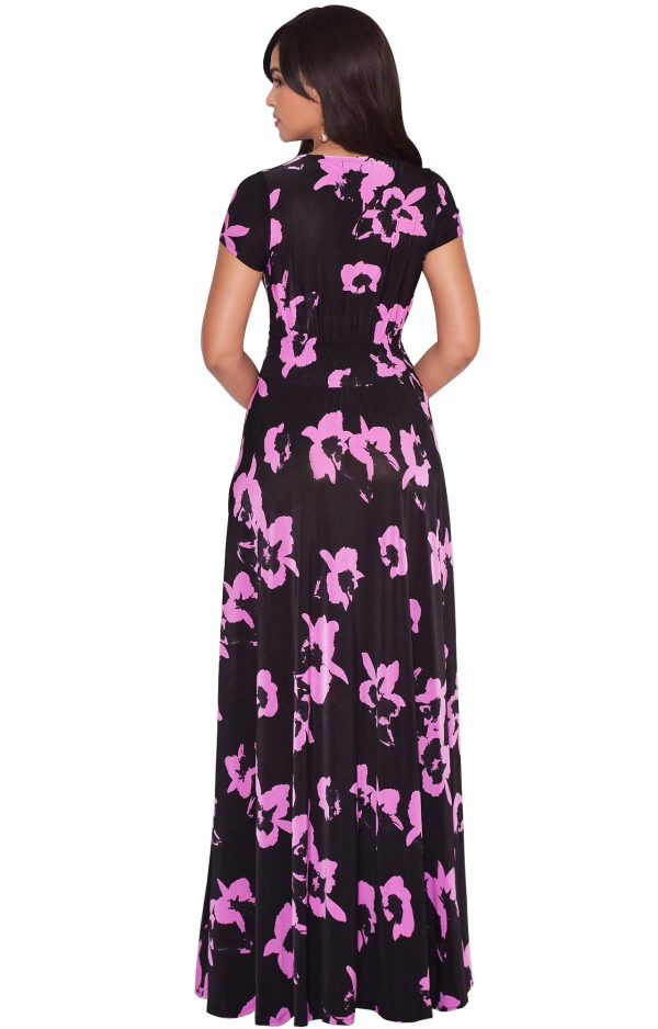 Womens Short Cap Sleeves Abstract Flower Print Long Maxi Dress Gown