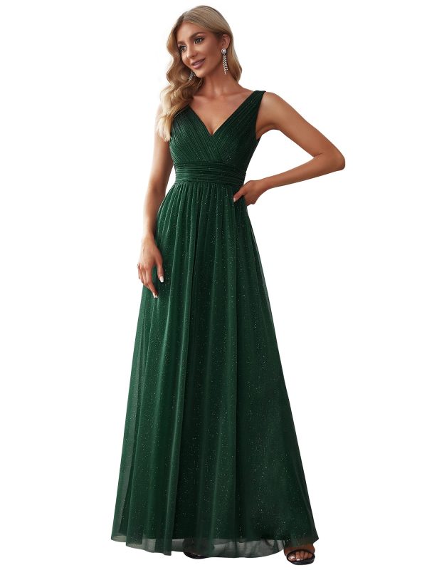 Women's V-Neck High Wasit Glitter Maxi Evening Dress 07764-USA