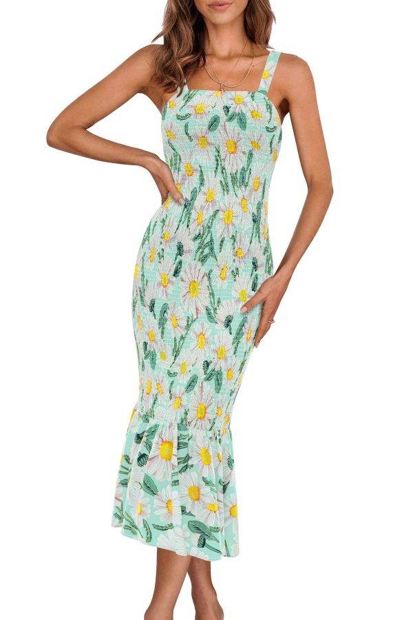 71Px1An48EL.jpg Women's Summer Floral Midi Tank Dress Sleeveless Strappy Ruffle Hem Smocked Bodycon Dresses