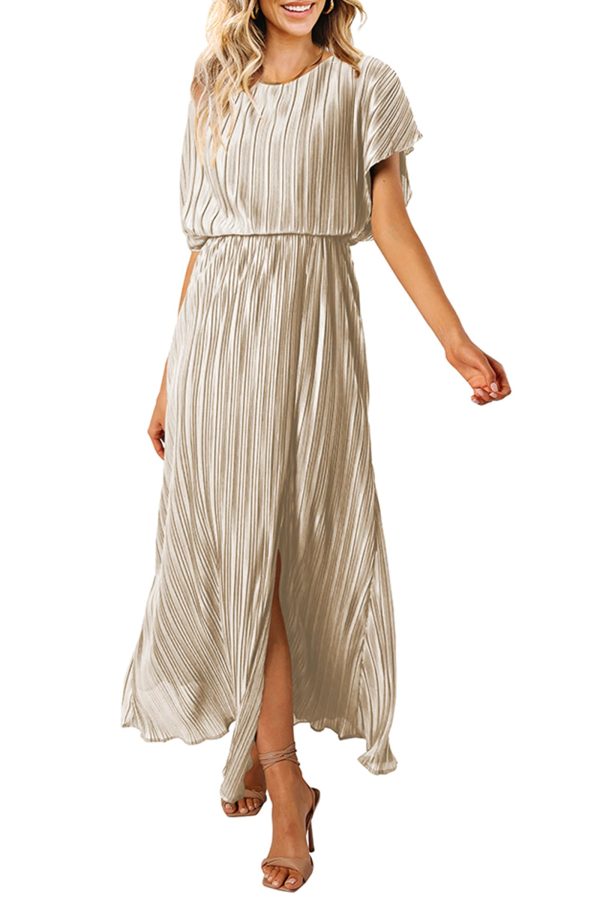 71Q-eq0-TcL.jpg Womens Summer Maxi Dresses: Casual Short Sleeve Crewneck Slit Sundress Ruffle Pleated Long Flowy Party Cocktail Dress