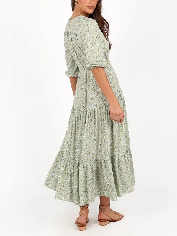 Women's Floral Print Maxi Long Dresses Deep V Neck Summer Beach Dress Half Sleeve A Line Flowy Dresses