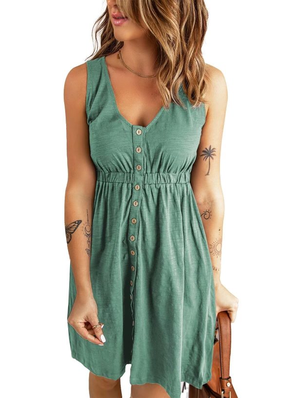 Women Summer Casual Sleeveless Button Down Elastic Waist Swing Dresses, XS-2XL